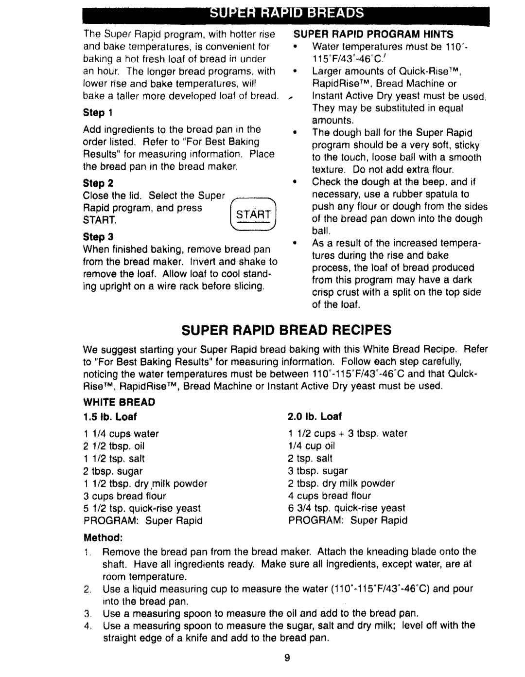 Kenmore 48487 manual Super Rapid Bread Recipes 