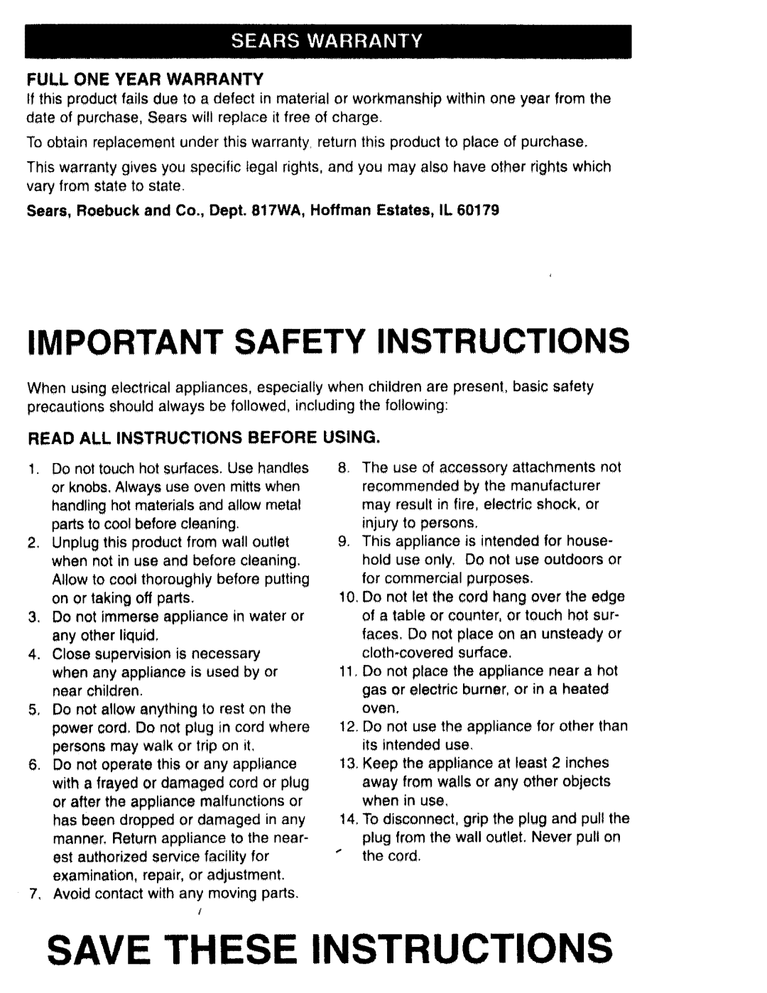 Kenmore 48487 manual SAVE tHESE INSIRUCIONS, IMPORTANT SAFETY INSrRUCTIONS 
