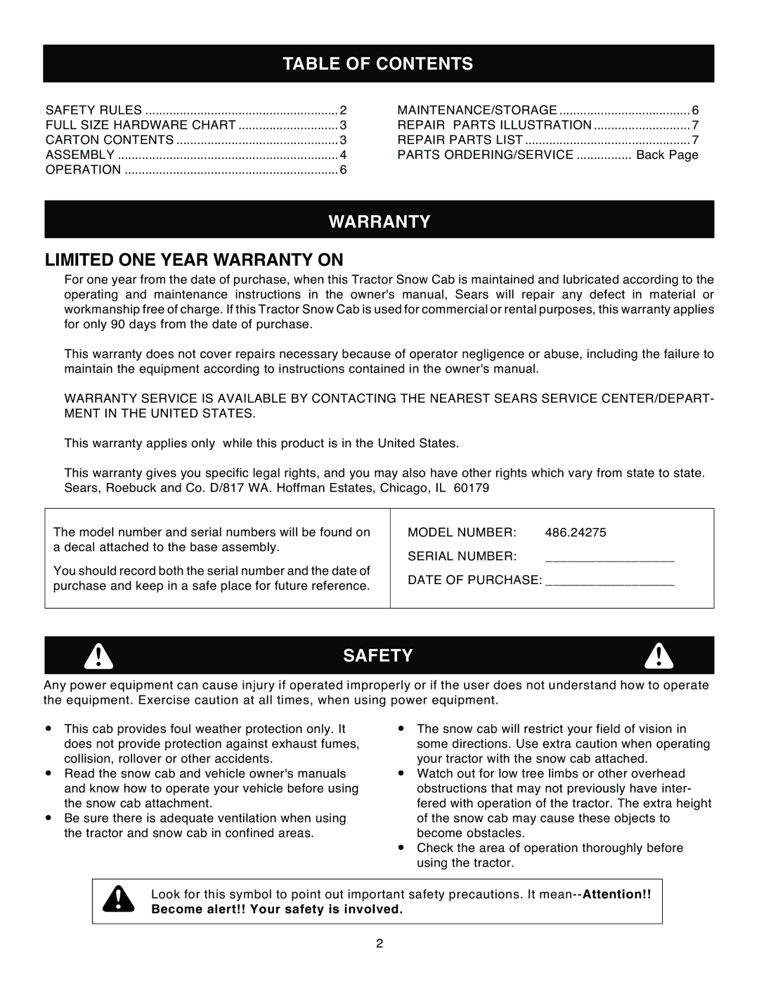 Kenmore 486.24275 owner manual Table of Contents, Warranty, Safety 