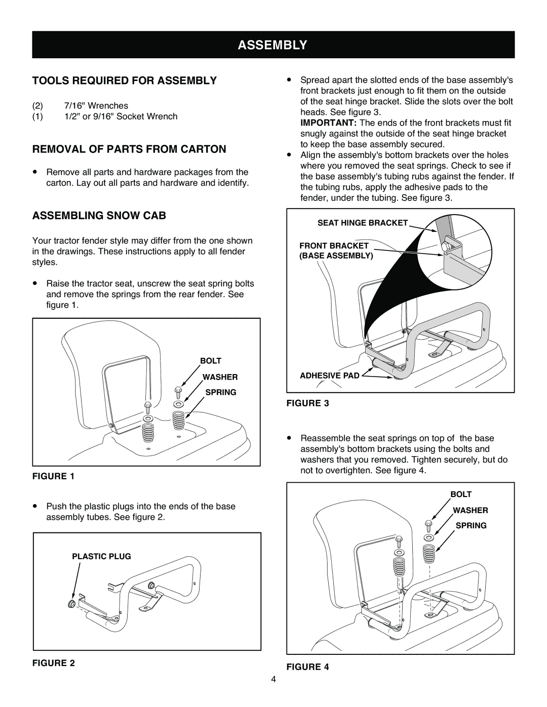 Kenmore 486.24275 owner manual Tools Required for Assembly, Removal of Parts from Carton, Assembling Snow CAB 