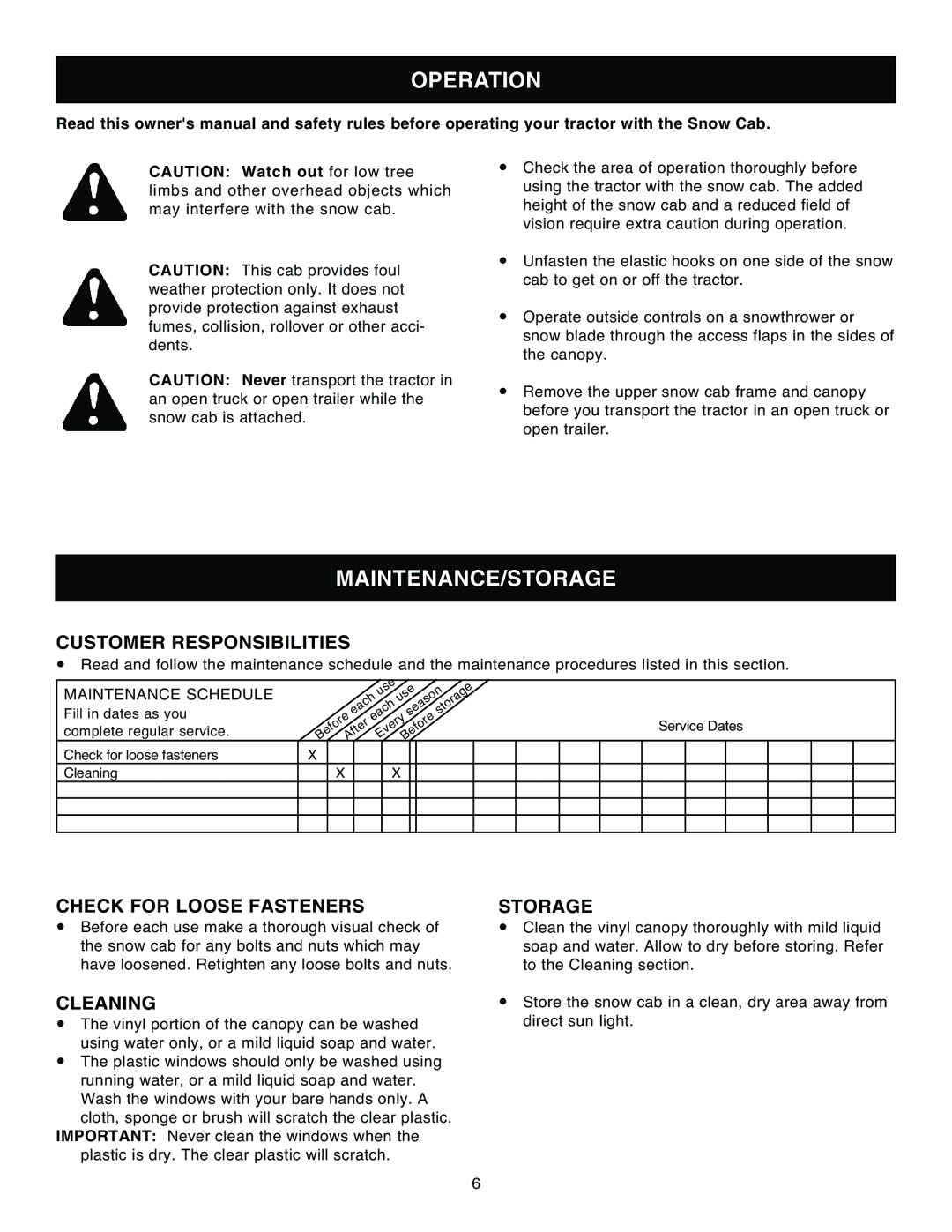 Kenmore 486.24275 owner manual Operation, Maintenance/Storage 