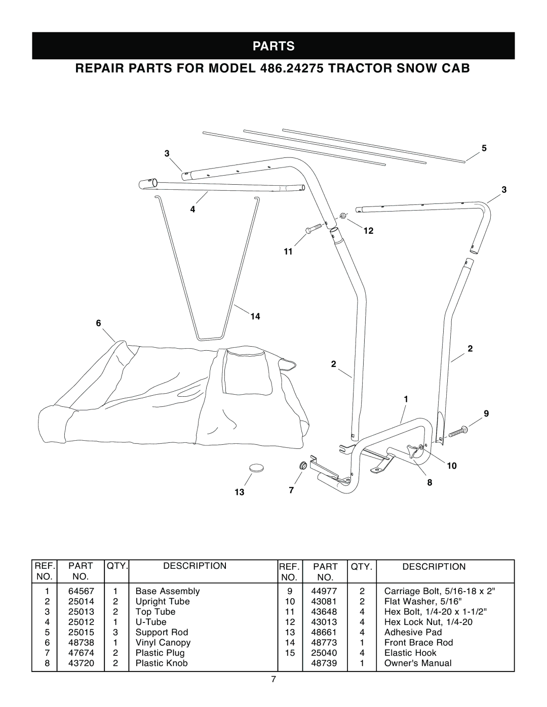 Kenmore owner manual Repair Parts for Model 486.24275 Tractor Snow CAB, Part QTY Description 