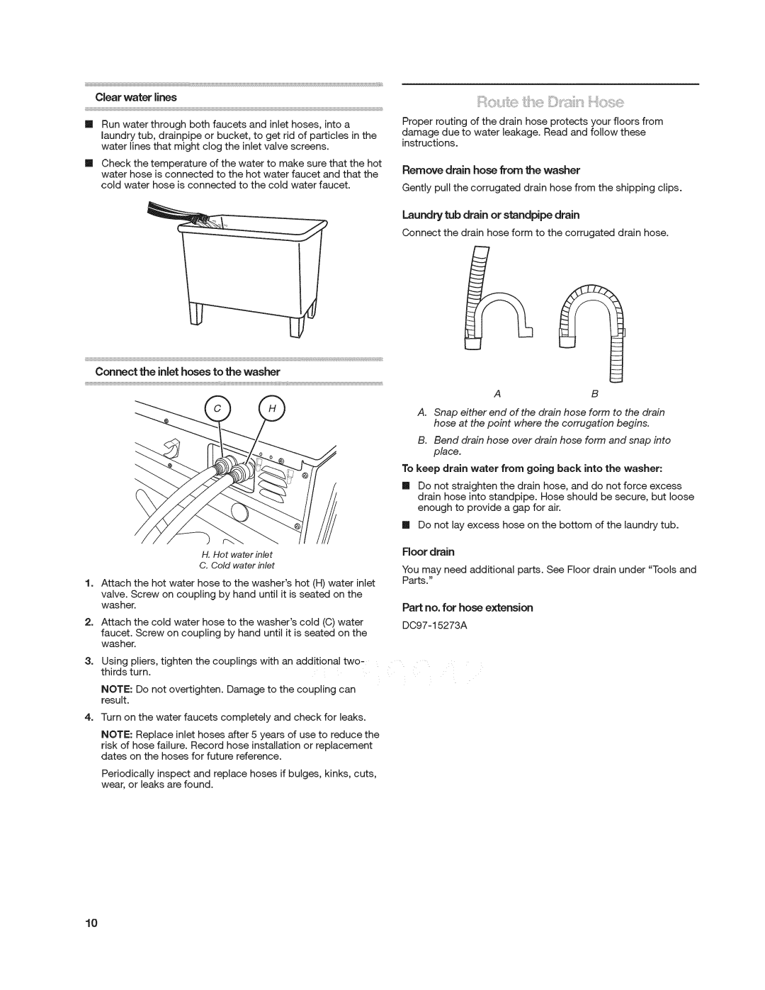 Kenmore 4900 manual Part no. for hose extension DC97-15273A, Clear water lines, Connect the inlet hoses to the washer 