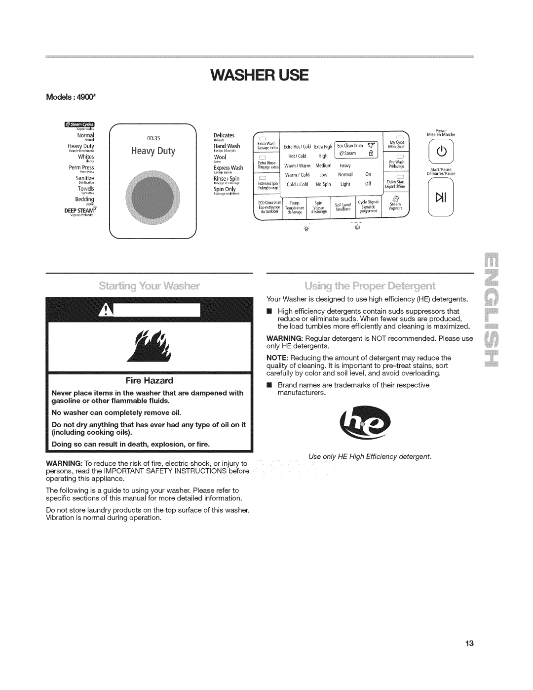 Kenmore 4900 manual Washer USE, Fire Hazard, Models, Is not 