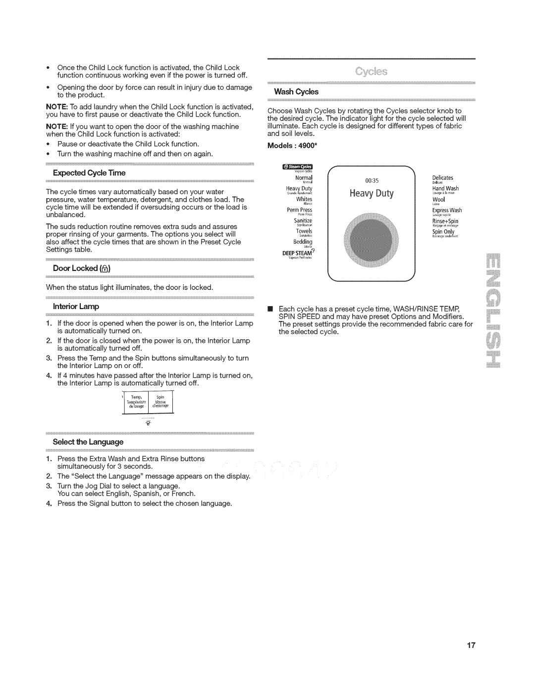 Kenmore 4900 manual Wash Cycles, Heavy Duty, Interior Lamp, Select the Language 