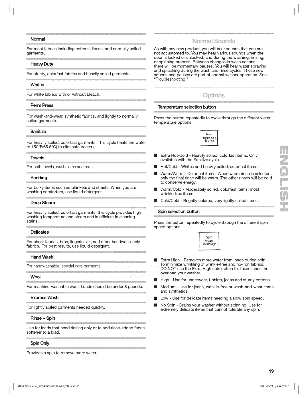 Kenmore 4900 manual Normal, Whites, SpinOnly 