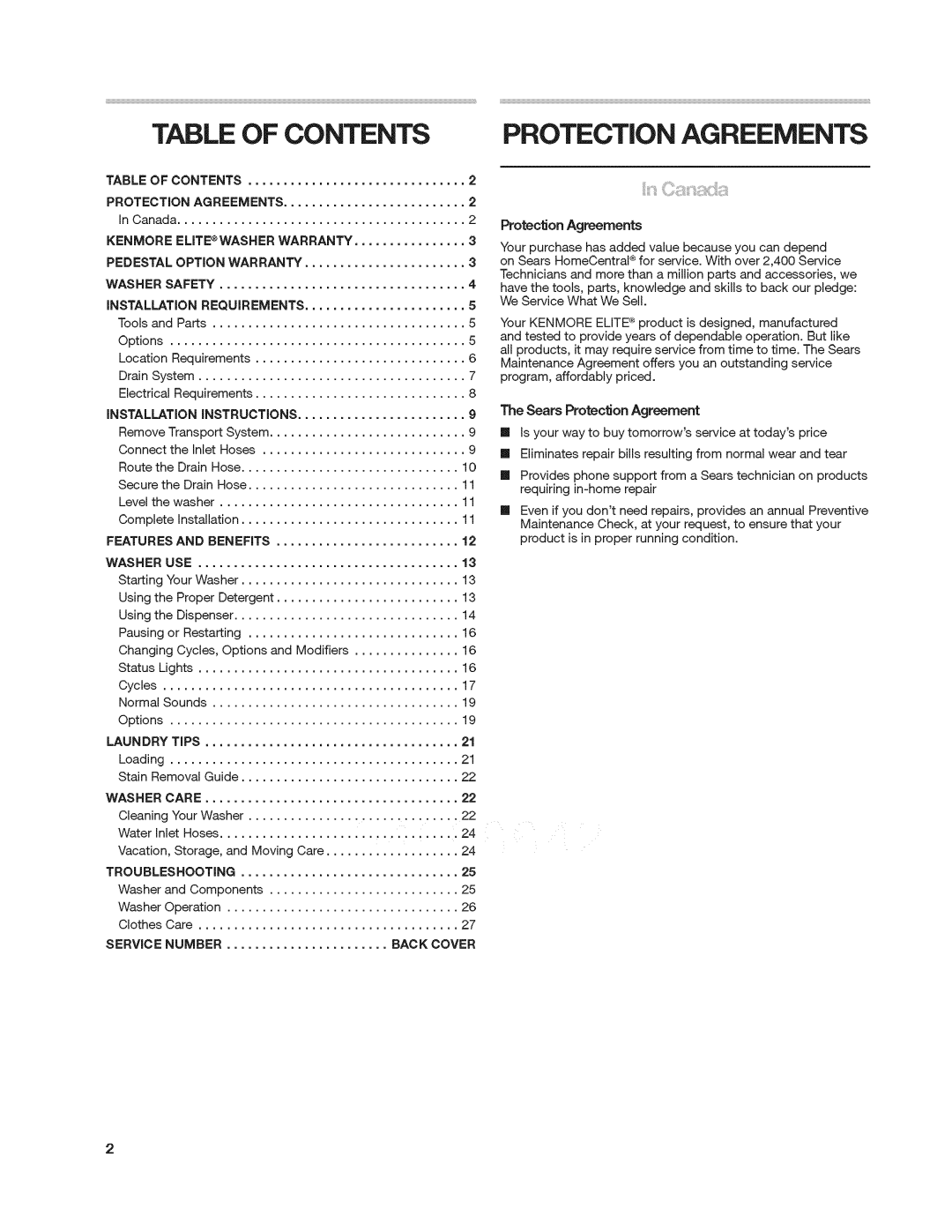 Kenmore 4900 manual Table of Contents Protection Agreements 