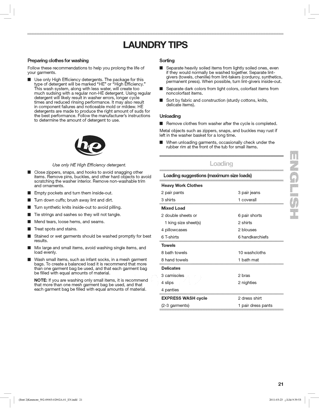 Kenmore 4900 manual Preparingclothesfor washing, Sorling, Unloading 