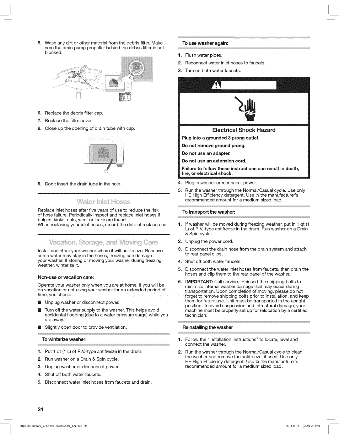 Kenmore 4900 manual Non=use or vacation care, To use washer again 