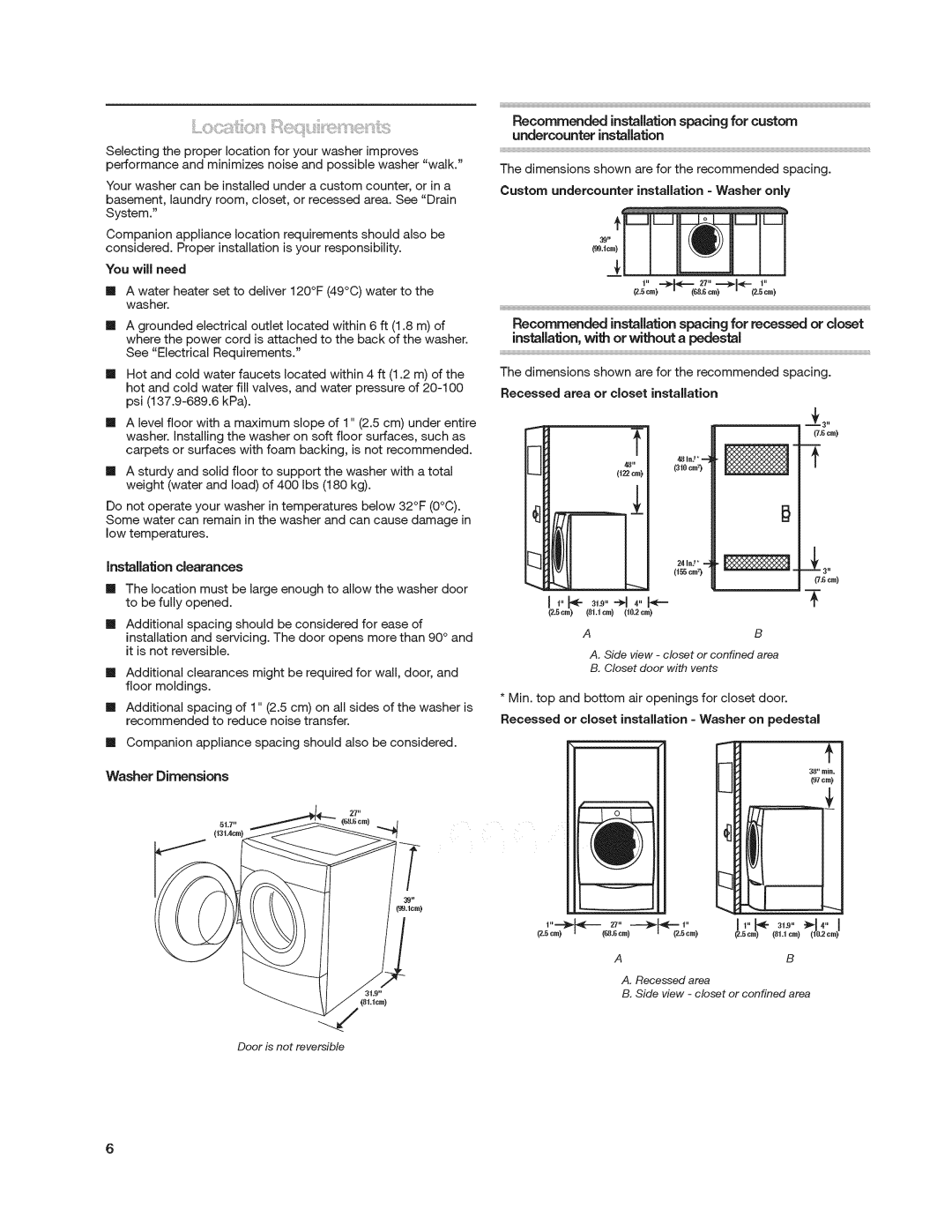 Kenmore 4900 manual Recommended installationspacing for custom, 1N- 51-,,4,,I, InstallaSon clearances, Washer Dimensions 