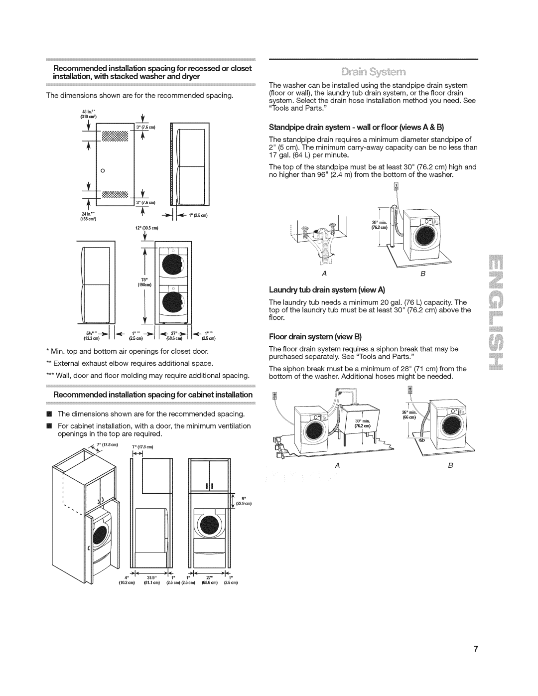 Kenmore 4900 manual Standpipe drain system =wail or floor views a & B, Laundry tub drain system view a 