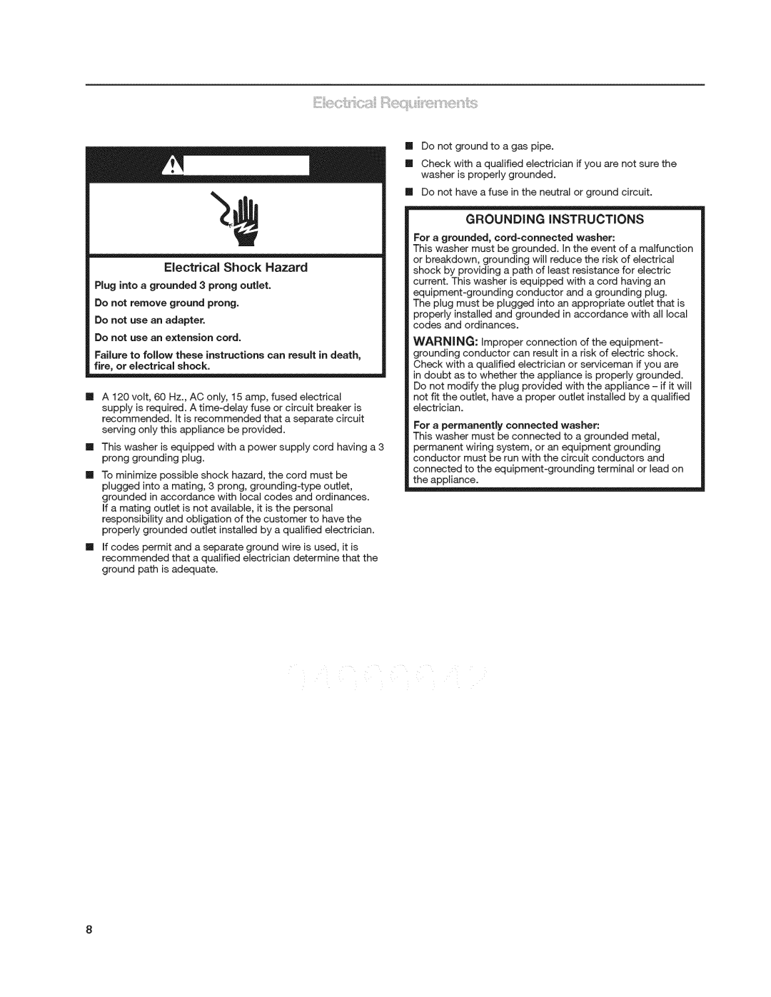 Kenmore 4900 manual Electrical Shock Hazard, For a permanently connected washer 