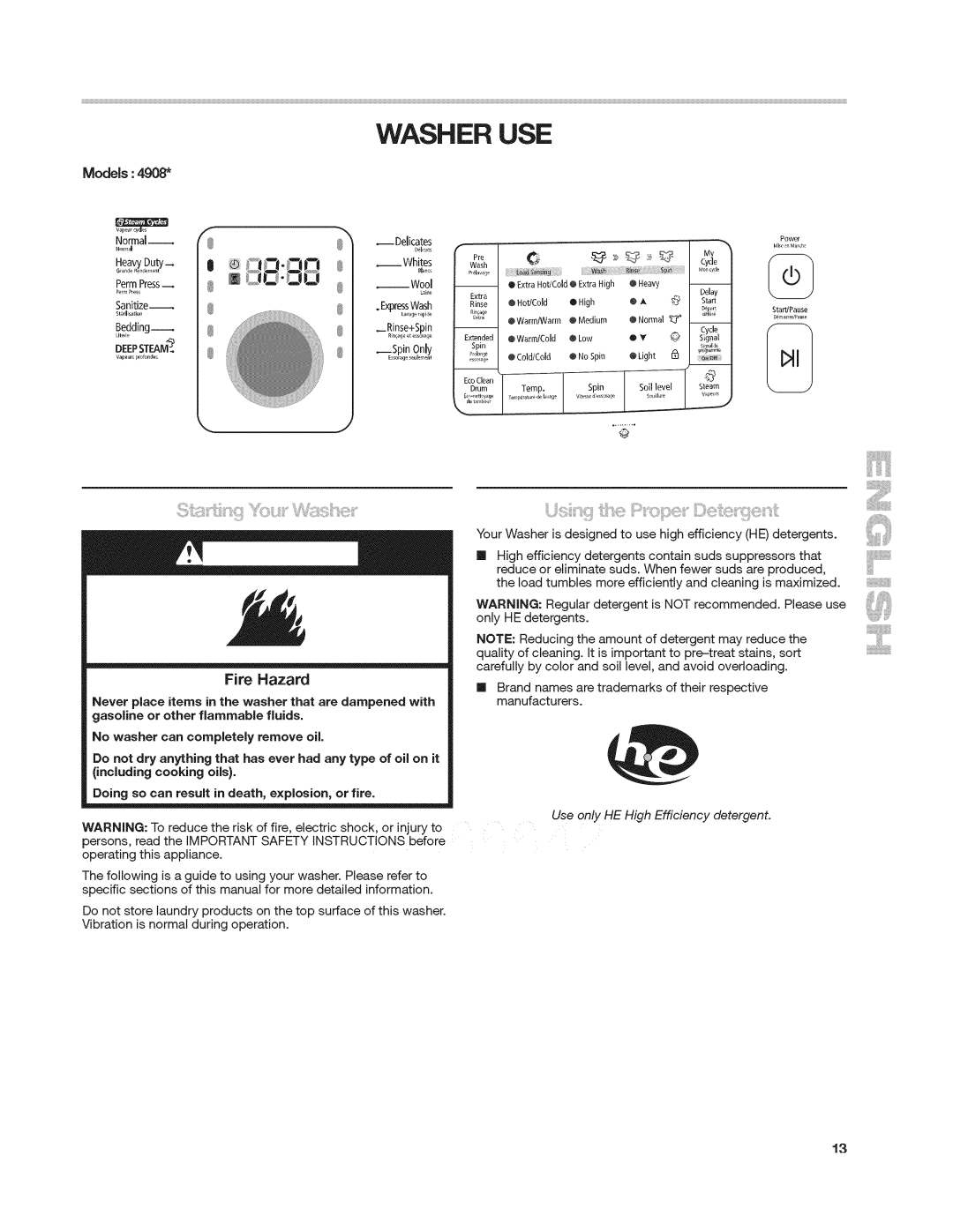 Kenmore 4908 manual Washer USE, Fire Hazard, Models, Doing so can result in death, explosion, or fire 