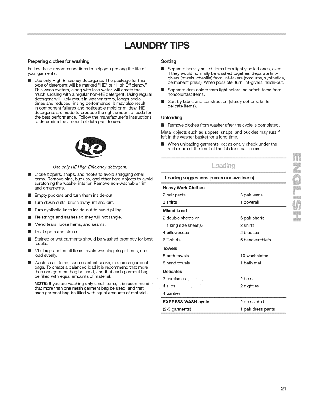 Kenmore 4908 manual Preparingclothesfor washing, Sorling, Unloading 