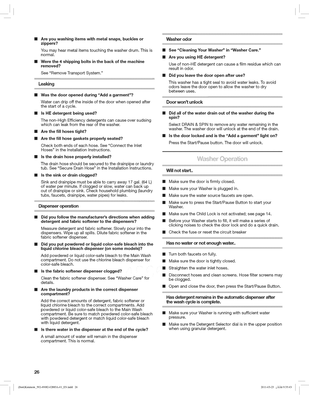 Kenmore 4908 manual Are you washing items with metal snaps, buckles or zippers? 