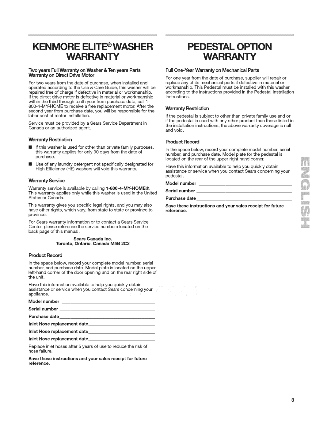 Kenmore 4908 manual Kenmore Elite Washer Warranty, Pedestal Option Warranty, Warranty Service 