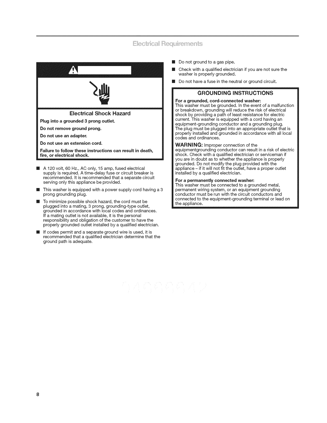 Kenmore 4908 manual Electrical Shock Hazard, For a permanently connected washer 