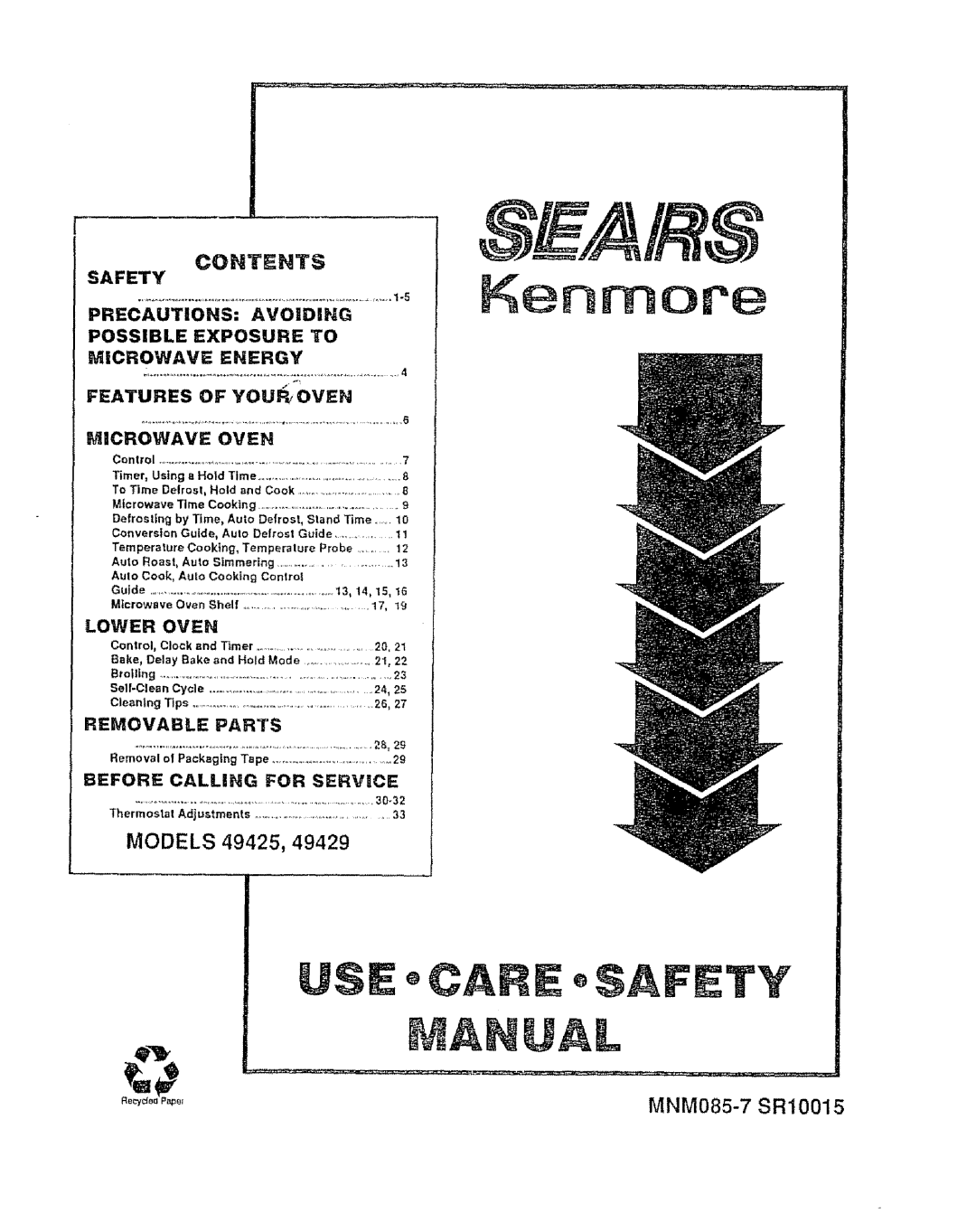 Kenmore 49425, 49429 manual Ual, Contents 