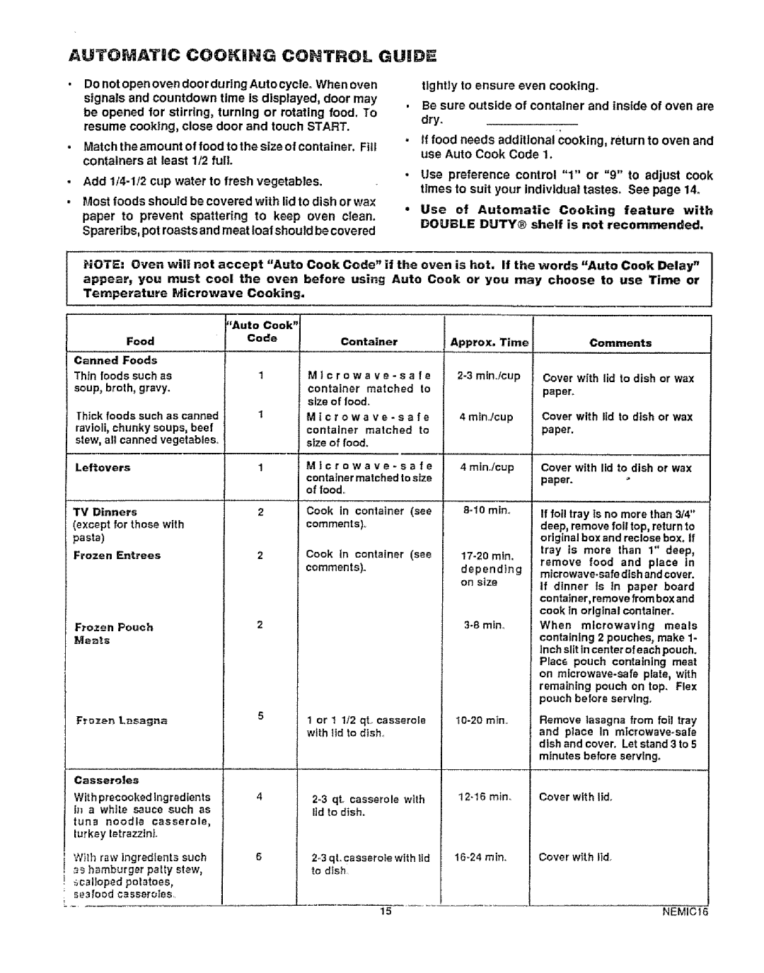 Kenmore 49429 Automatic Cooking Control Guide, With precookedIngredients, A white sauce such as, Tuna Noodle Casserole 