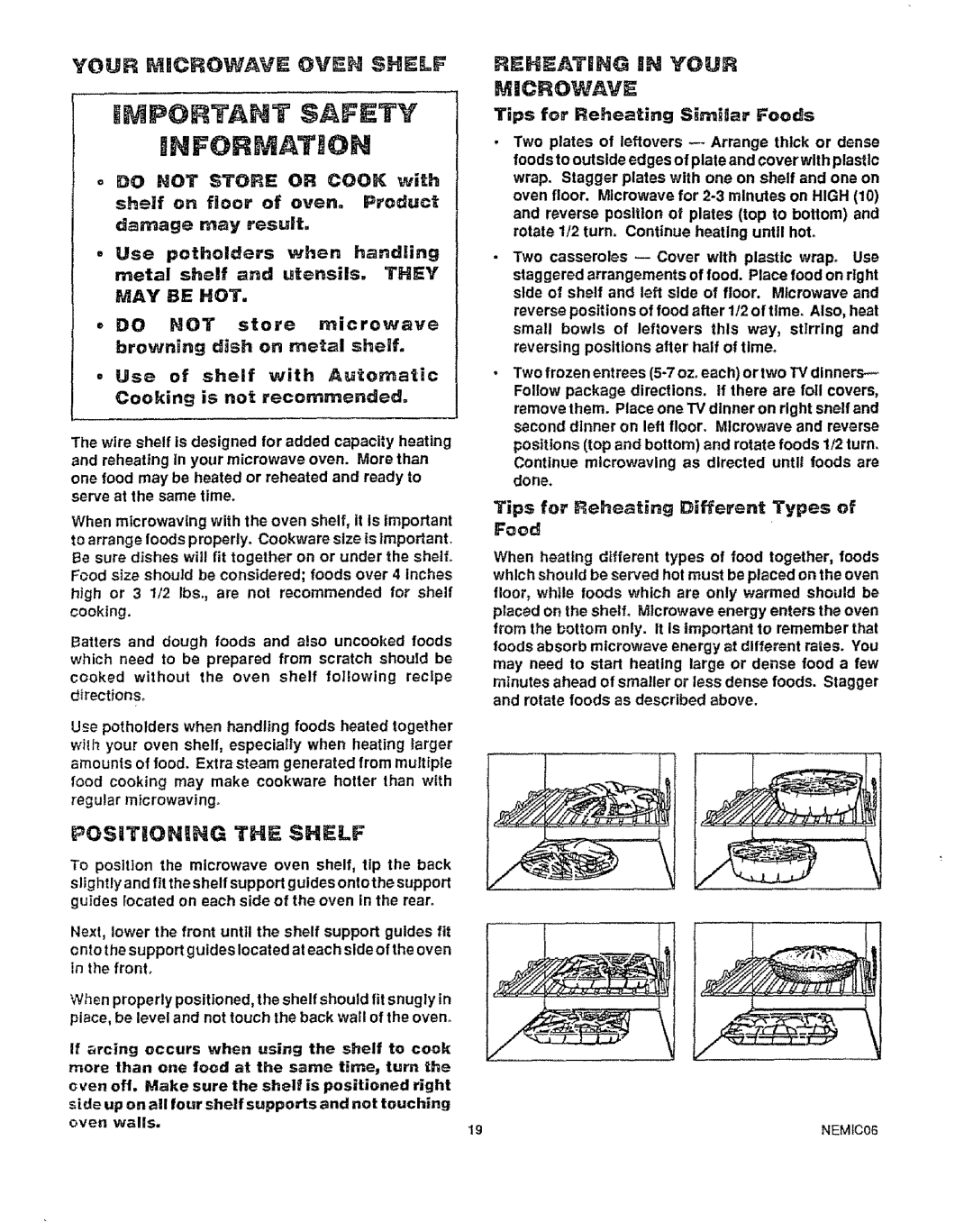 Kenmore 49429 Your Microwave Oven Shelf, Browning dish on metal sheIf, Tips for Reheating Different Types Food, MAY be HOT 