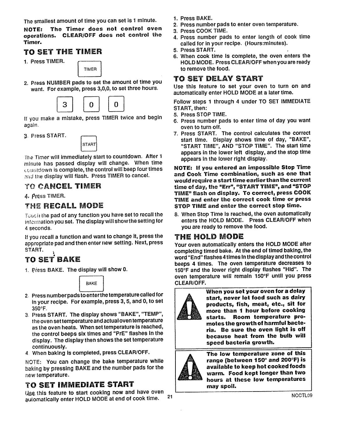 Kenmore 49429, 49425 Recall Mode, To SET Delay Start, To SET Bake, Hold Mode, Press number pads to enter oven temperature 