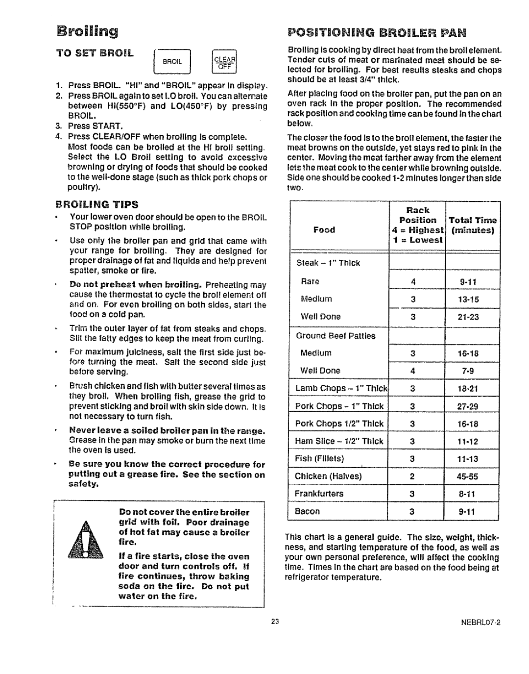 Kenmore 49429, 49425 manual PO$1TBONIHG Brobler PAN, To SET Broil, Minutes 