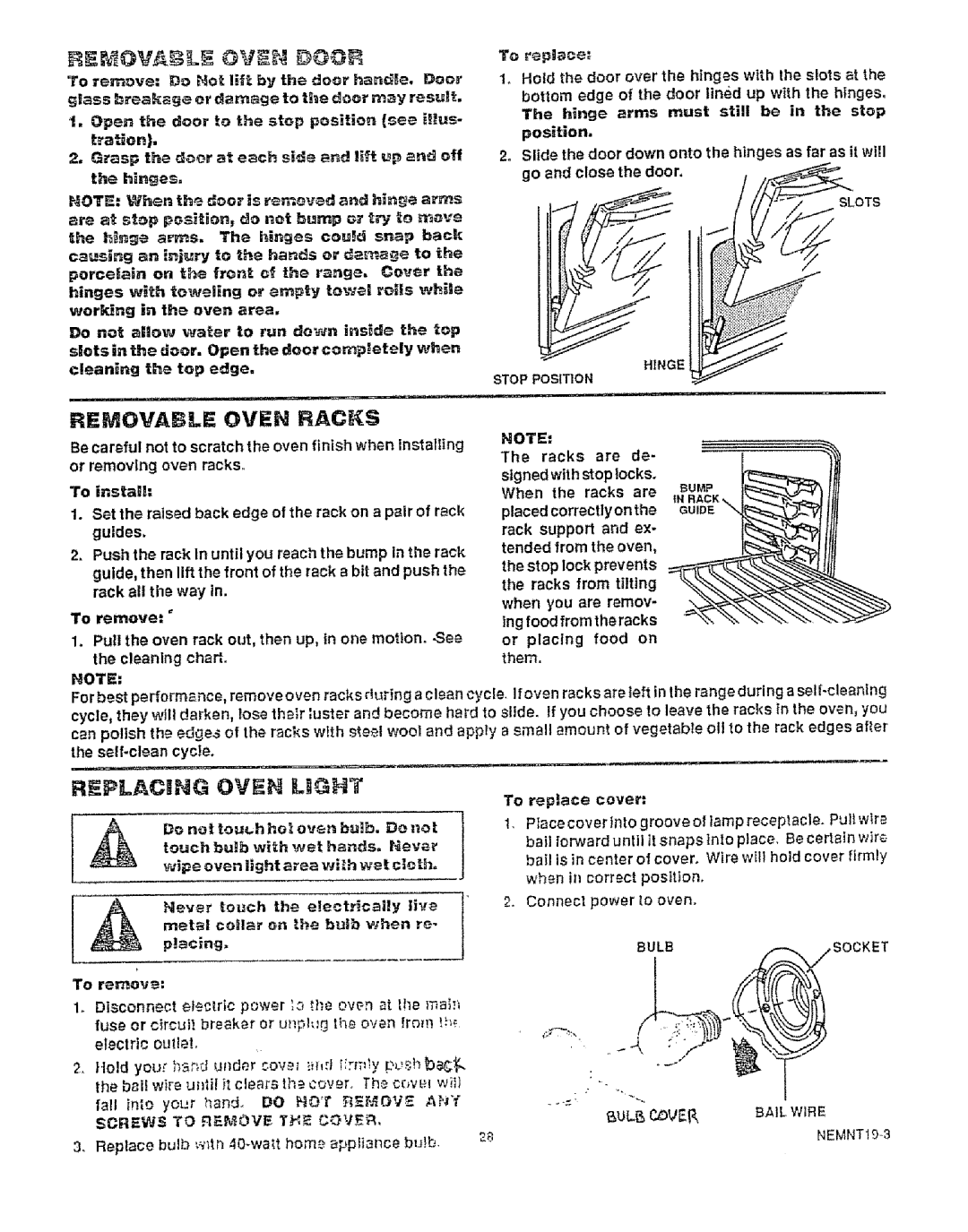 Kenmore 49425, 49429 manual Placing Oven Light, Removable Oven Racks, Socket 