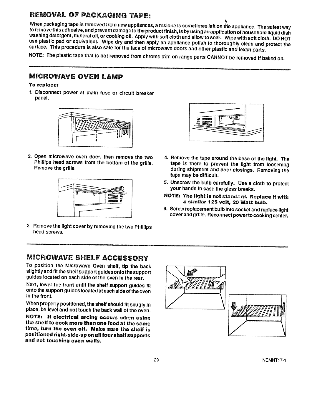 Kenmore 49429, 49425 manual RE Oval of Packagbng Tape, Microwave Oven Lamp, Microwave Shelf Accessory 