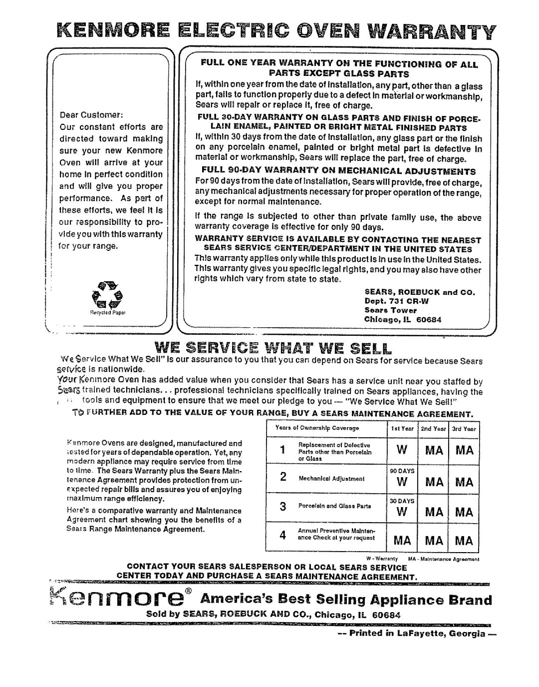 Kenmore 49429, 49425 manual Parts Except Glass Parts 