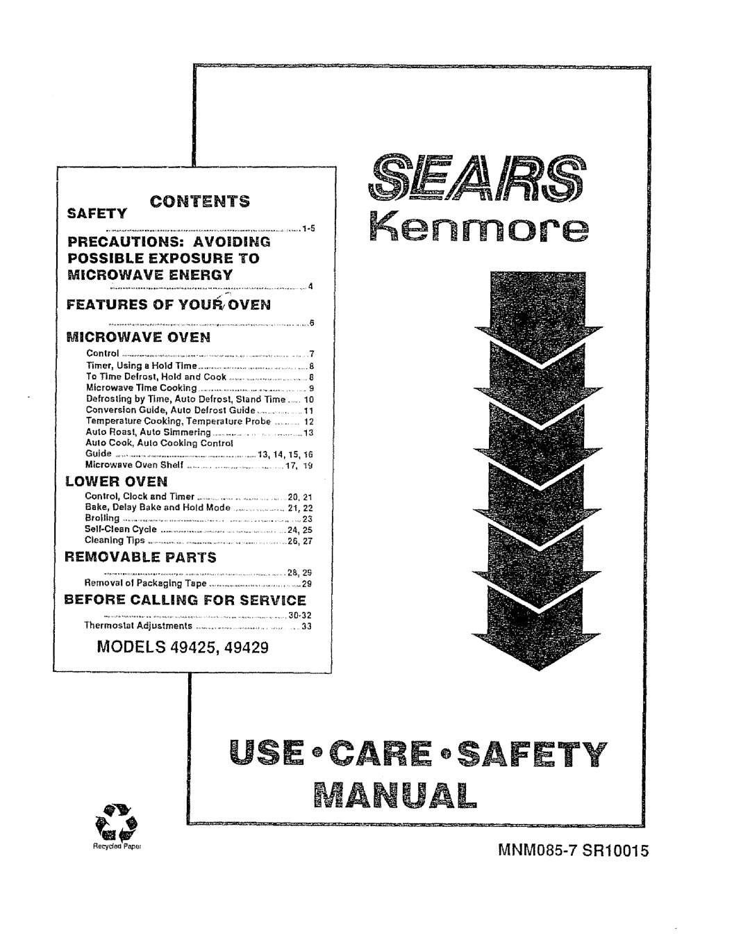 Kenmore manual Contents, MODELS 49425, MNM085-7SR10015, Safety, Possible, Exposure, Energy, Oven, Lower, Removable 