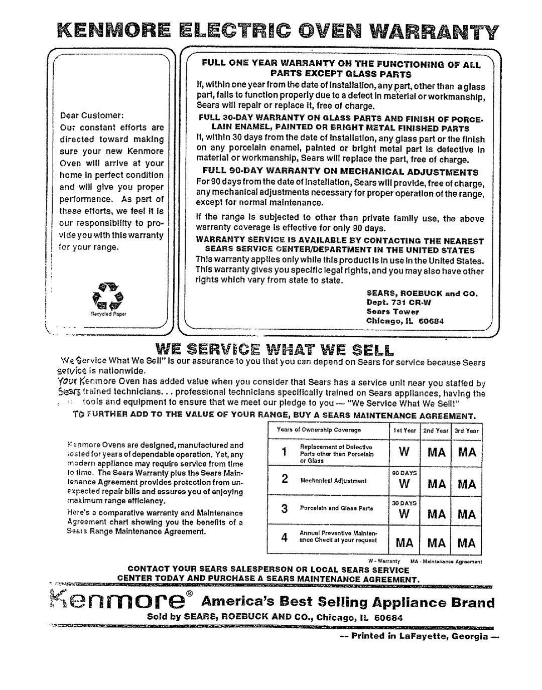 Kenmore 49429, 49425 manual We Service What Sell, o_ooC.o.o,..r._o.o, MA, KENMOli E E 