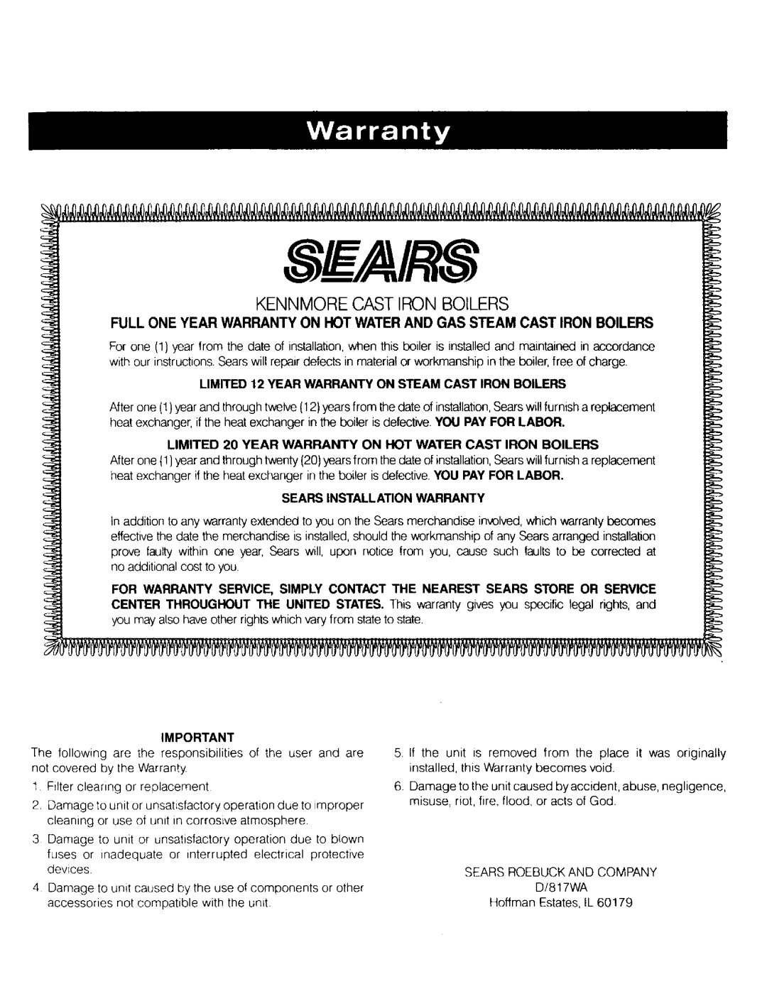 Kenmore 3E W.65, 4EW.90, 3EW.75, 5EW1.75, 5EW2.00, 5EWL.20, 4EW1.50 owner manual Kennmore Cast Iron Boilers 