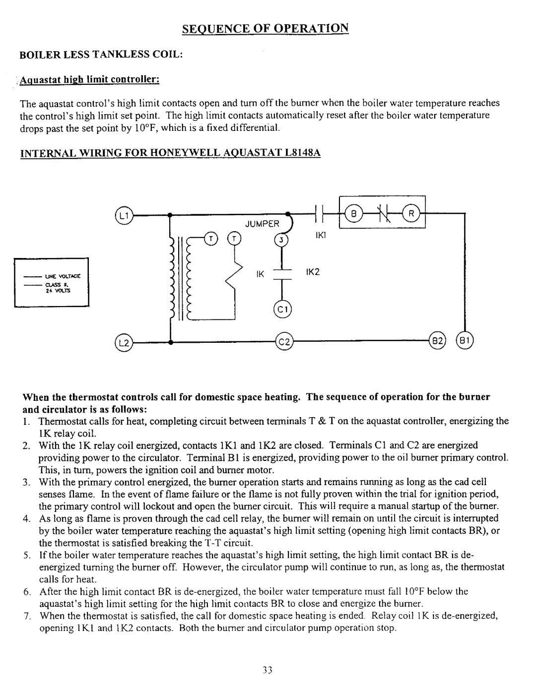 Kenmore 4EW.90, 3EW.75, 3E W.65, 5EW1.75, 5EW2.00, 5EWL.20, 4EW1.50 owner manual Sequence of Operation Boiler Less Tankless Coil 