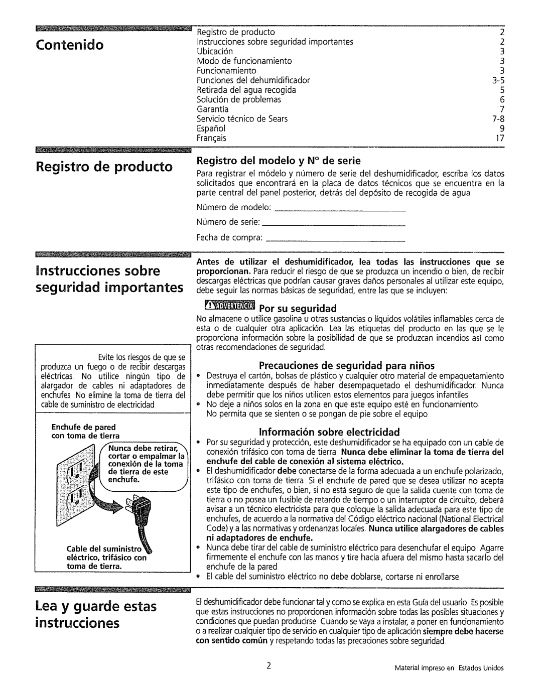 Kenmore 5055 Contenido Registro de producto, Instrucciones sobre Seguridad irnportantes, Lea y guarde estas instrucdones 