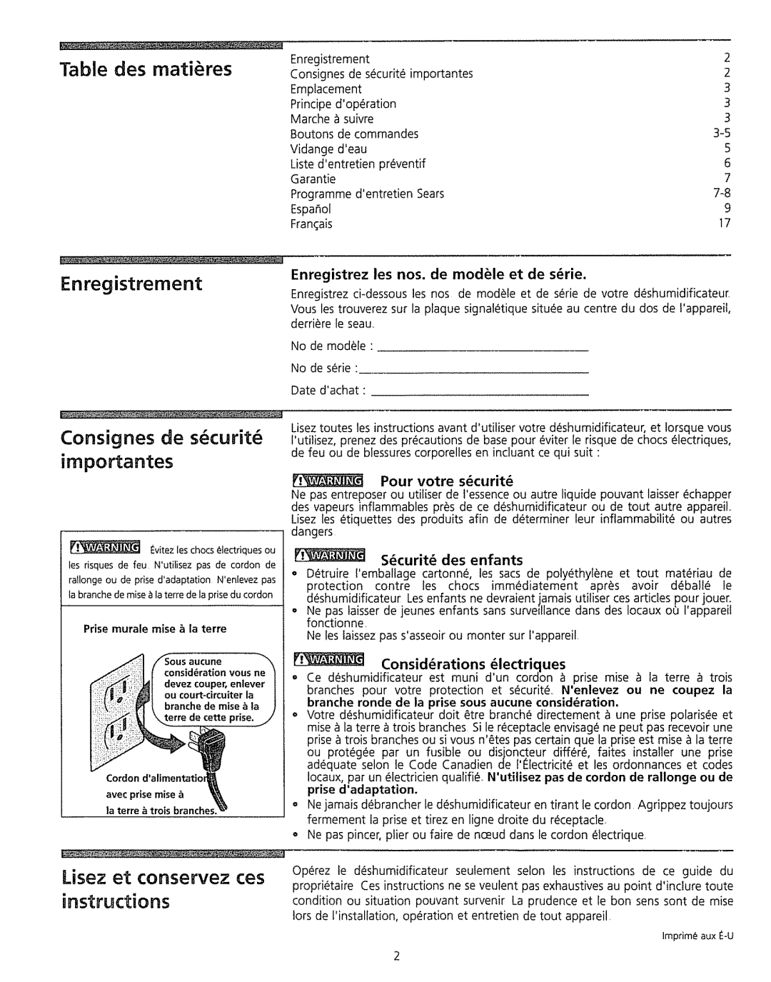 Kenmore 5065, 5030, 5055, 5045 Enregistrement Consignes de s curit, Importantes, Lisez et conservez ces instructions 