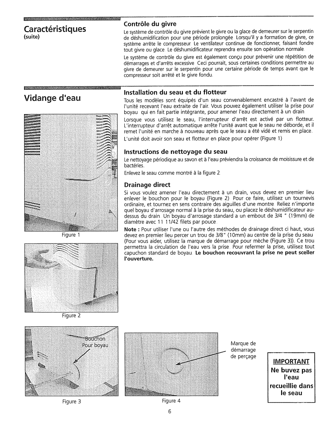 Kenmore 5065, 5030 Vidange deau, Installation du seau et du fiotteur, Instructions de nettoyage du seau, Drainage direct 