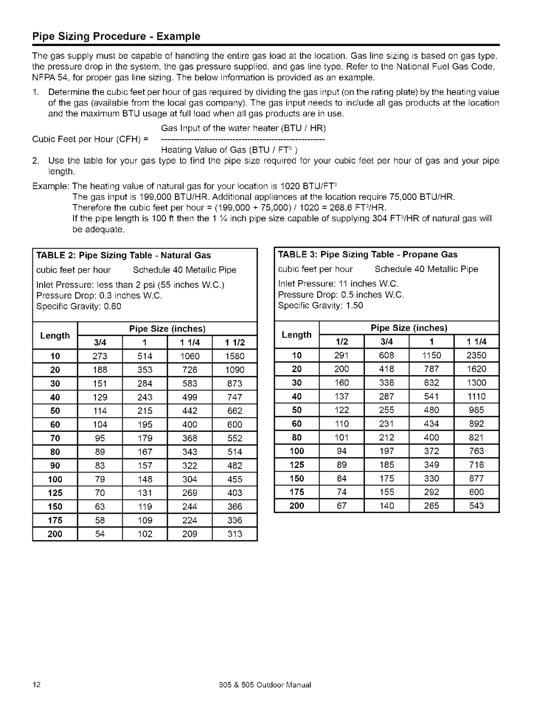 Kenmore 505, 305 owner manual Pipe Sizing Procedure Example, Pipe Sizing Table Natural Gas, Length Pipe Size Inches 