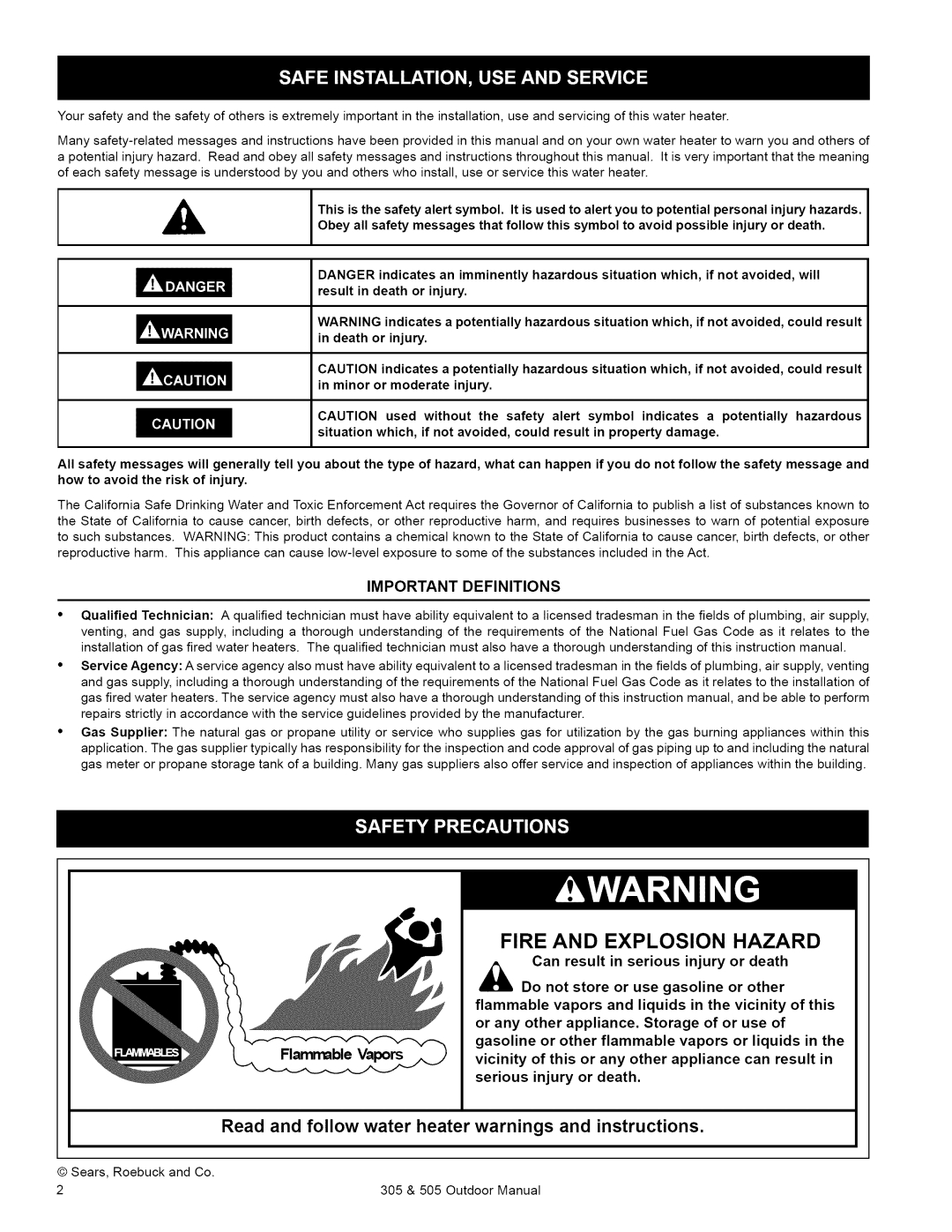 Kenmore 505, 305 owner manual Read and follow water heater warnings and instructions, Important Definitions 