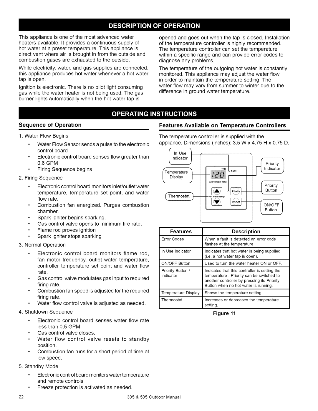 Kenmore 505, 305 owner manual Sequence of Operation, Features Available on Temperature Controllers, Features Description 