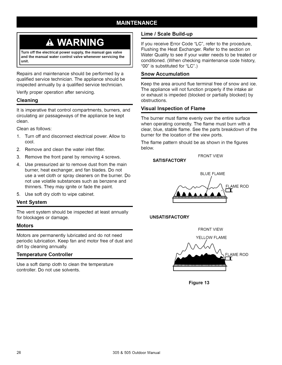 Kenmore 505, 305 owner manual Vent System, Motors, Temperature Controller, Lime / Scale Build-up, Snow Accumulation 