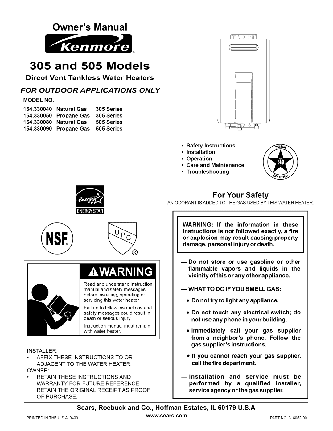 Kenmore 305 owner manual and 505 Models, For Your Safety, Direct Vent Tankless Water Heaters 