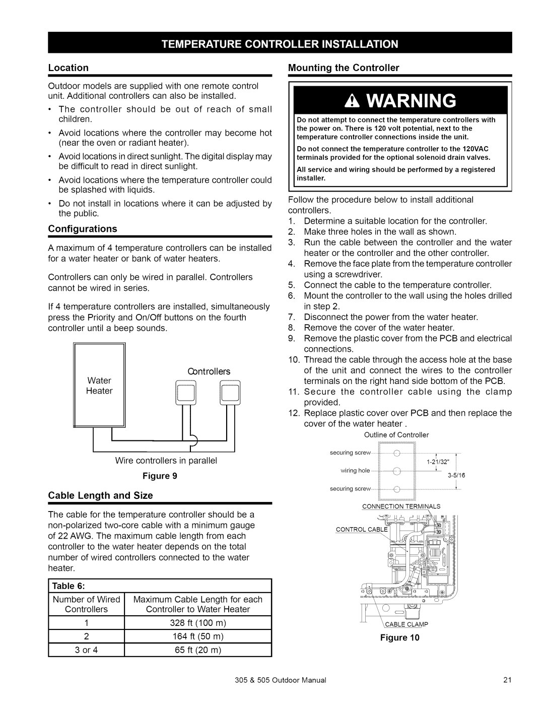 Kenmore 305, 505 owner manual 1-21/3zi, Location, Figure Cable Length and Size, Mounting the Controller 