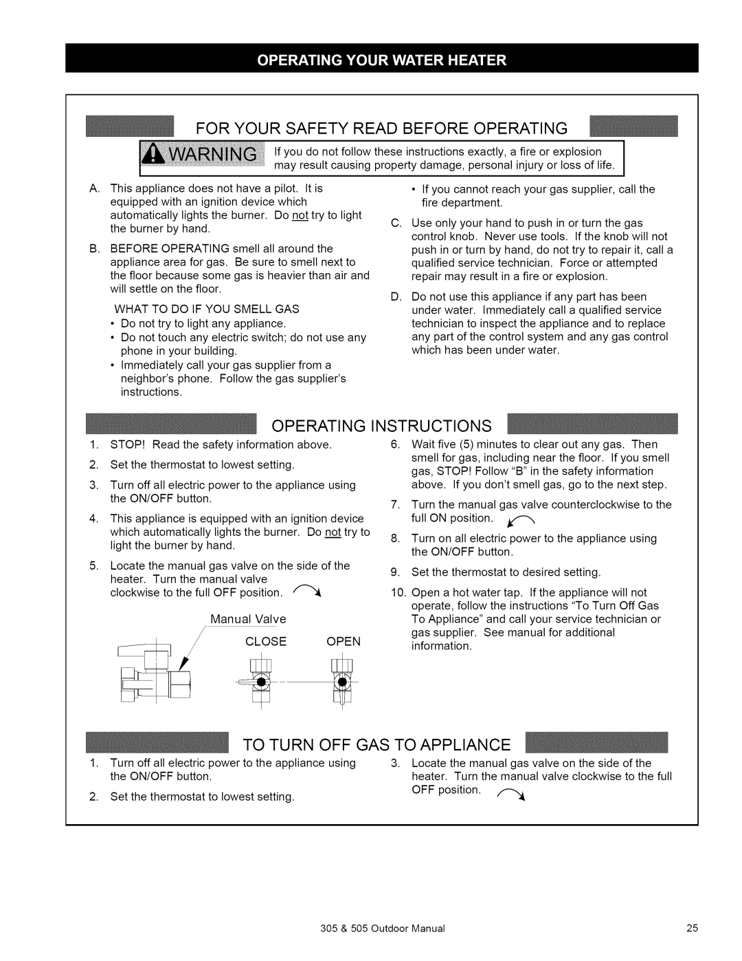 Kenmore 305, 505 owner manual For Your Safety Read Before Operating, Operating Instructions, To Turn Off Gas To Appliance 