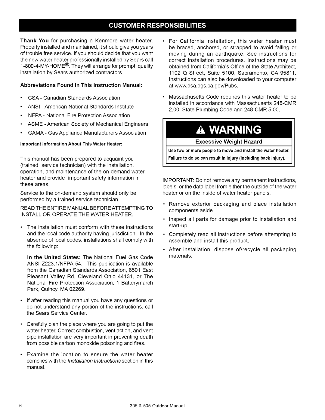 Kenmore 505, 305 owner manual ImportantInformationAbout This Water Heater, Excessive Weight Hazard 
