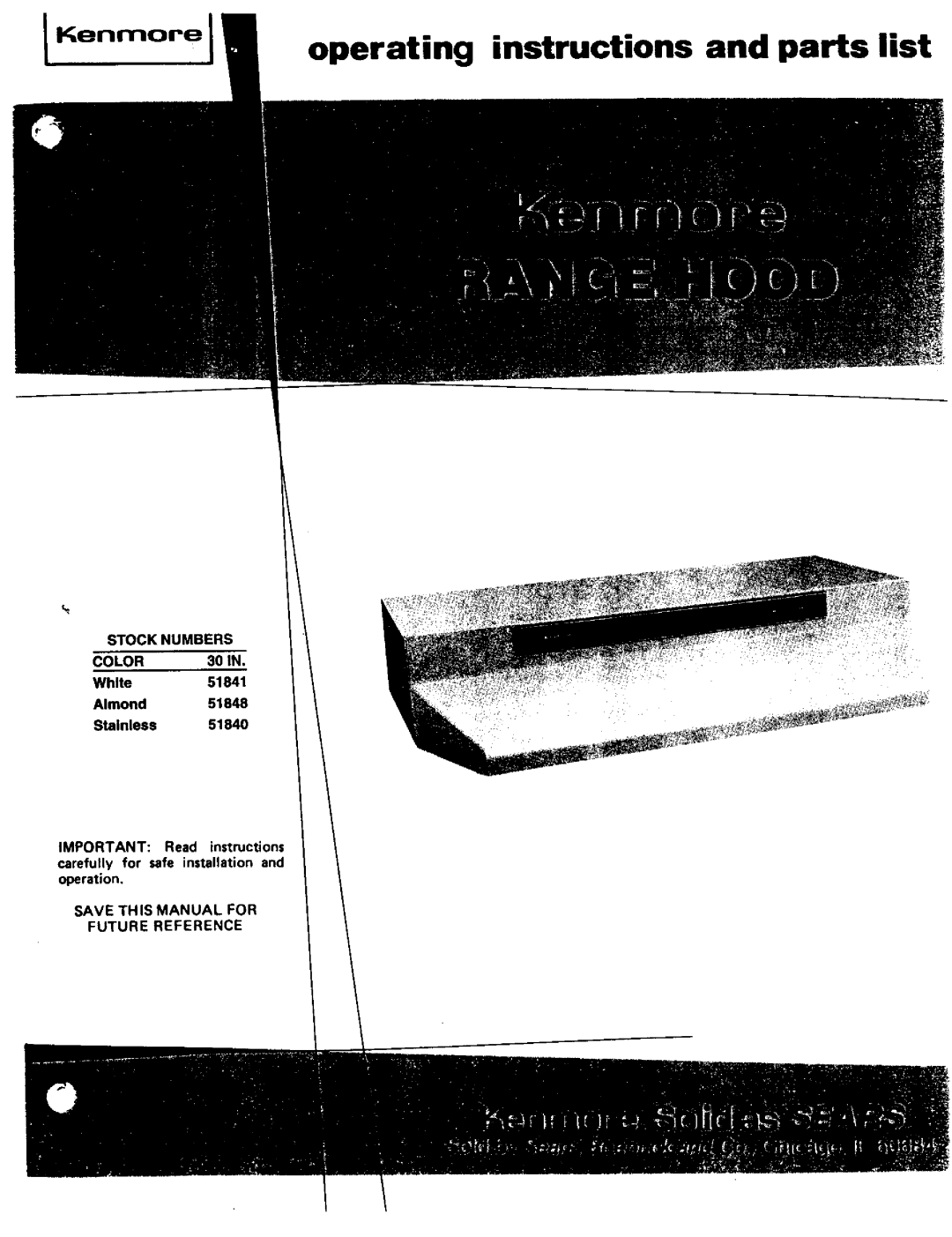 Kenmore 51841, 51848, 51840 manual Stock Numbers Color, Save this Manual for Future Reference 