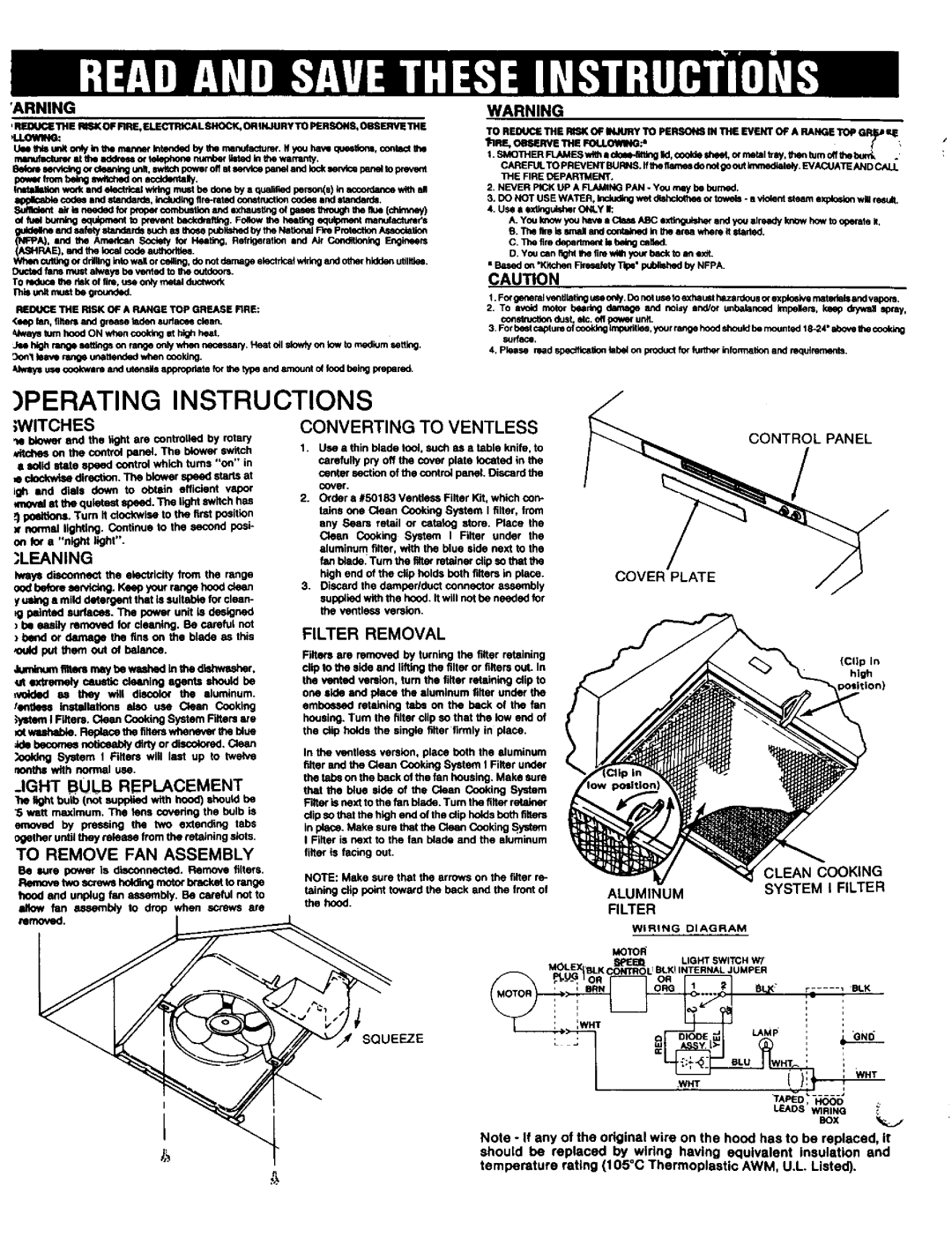 Kenmore 51848, 51841, 51840 manual Arning, Witches, Ight Bulb Replacement, To Remove FAN Assembly, Filter Removal 