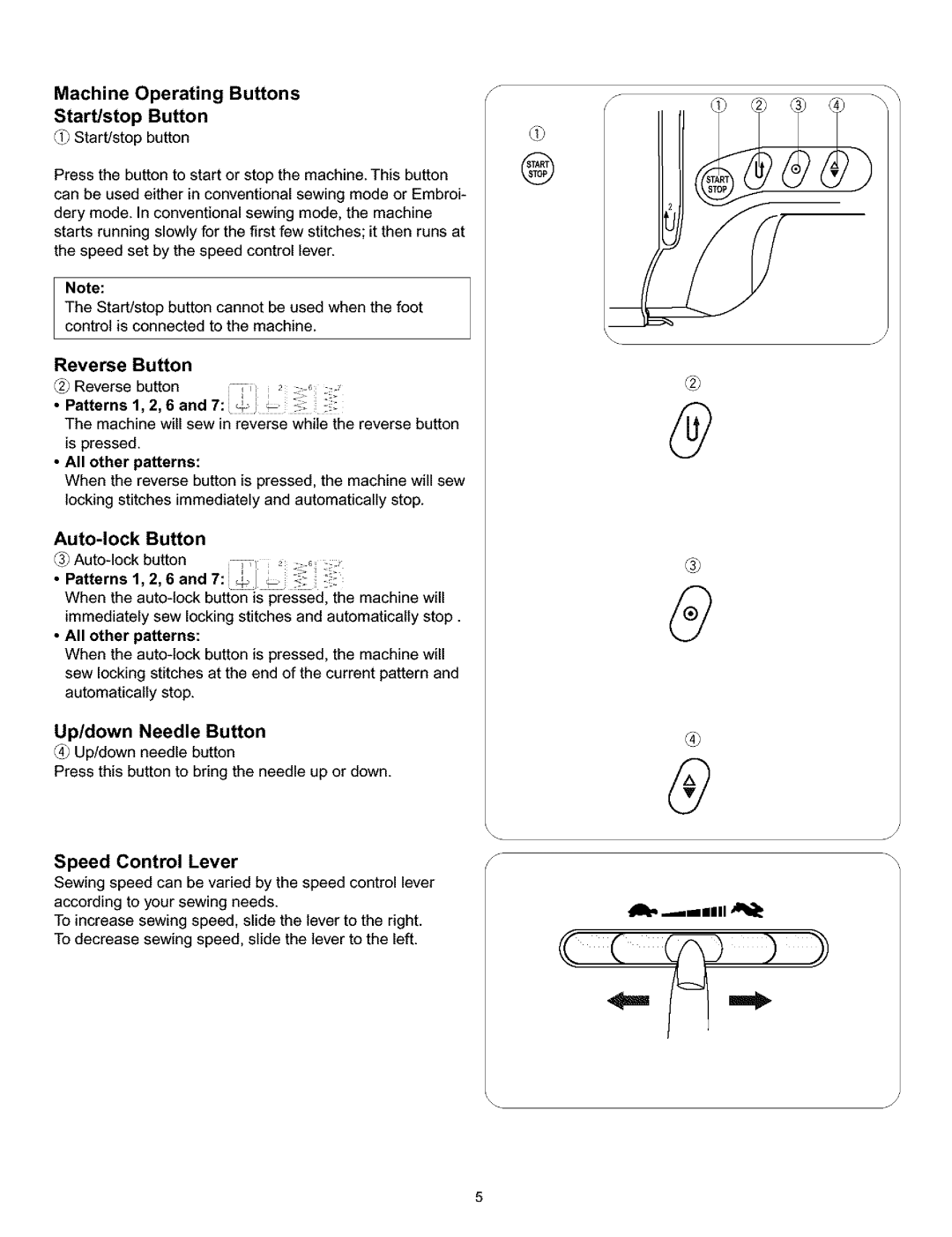 Kenmore 010, 519, 38, 200 Reverse Button, Machine Operating Buttons Start/stop, Patterns 1, 2,6and7 i,j, Auto-lock Button 