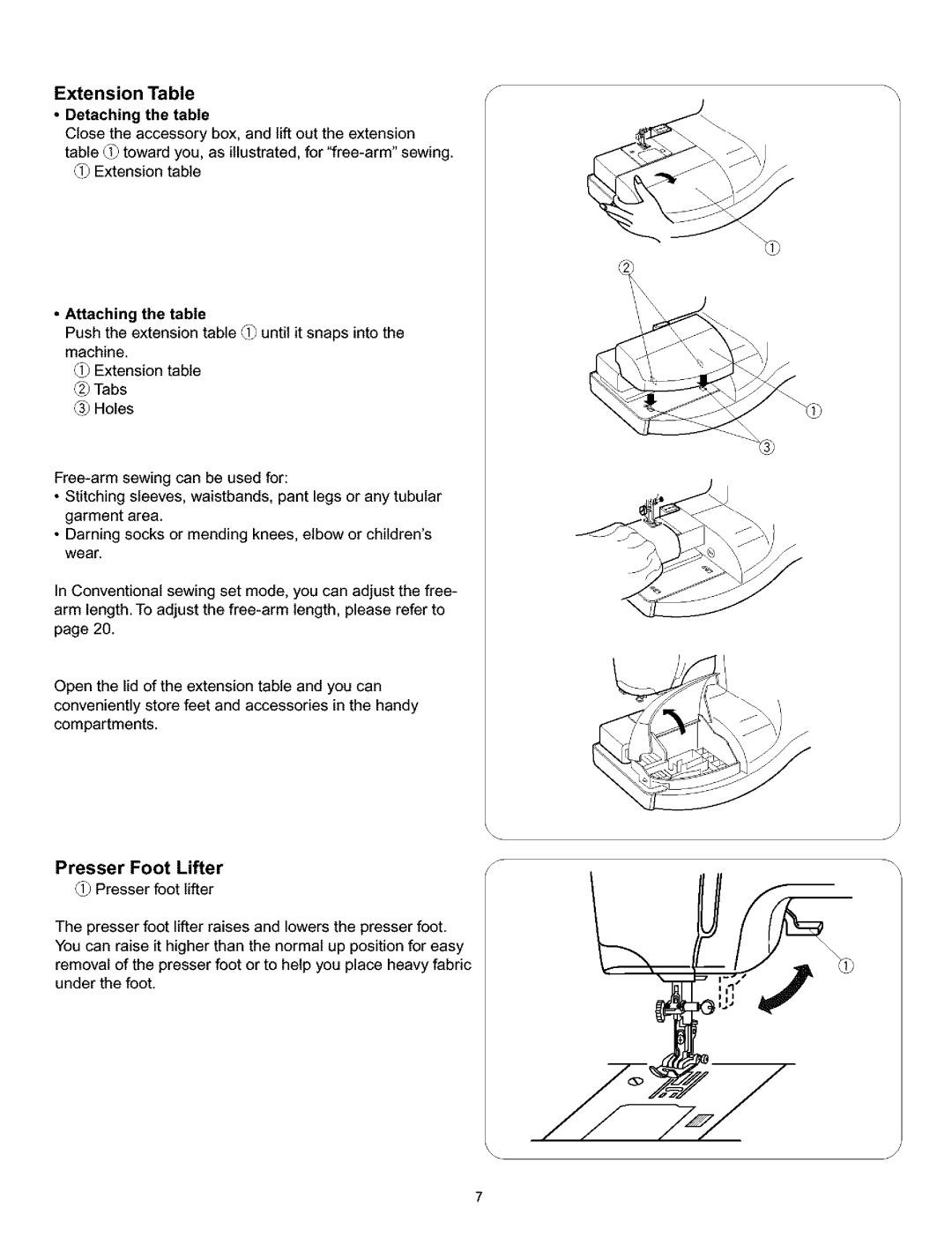 Kenmore 38, 519, 200, 010 owner manual Extension Table, Detaching the table, Presser Foot Lifter 