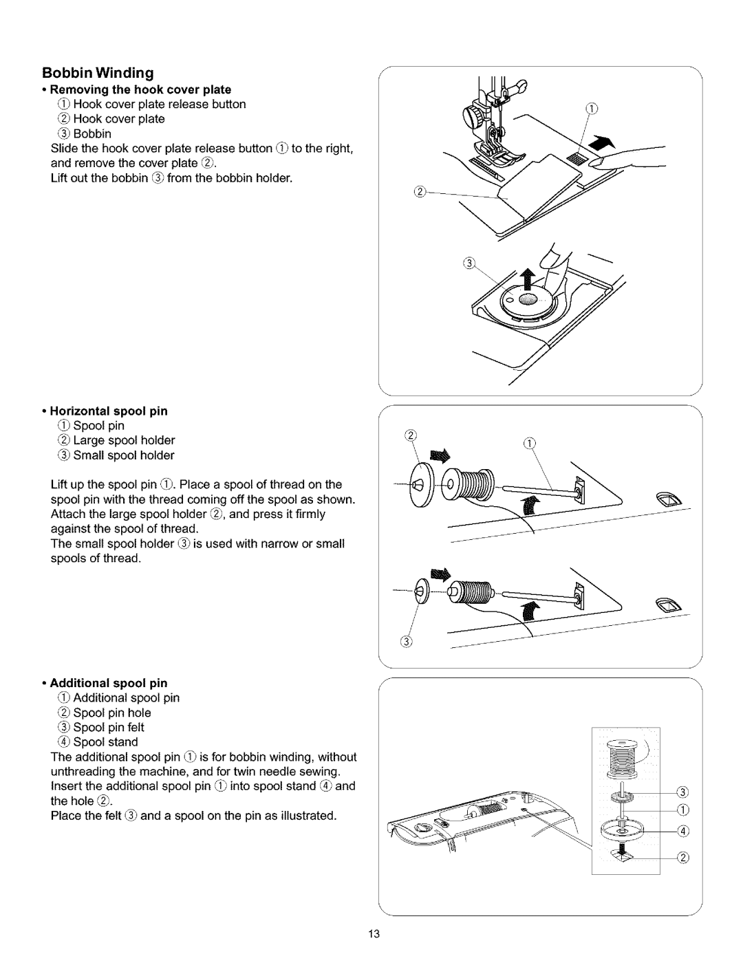 Kenmore 010, 519, 38, 200 owner manual Horizontal spool pin Spool pin 