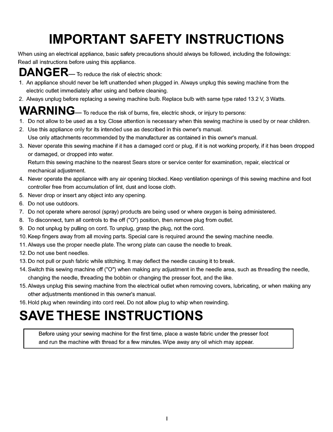 Kenmore 200, 519, 38, 010 owner manual Important Safety Instructions 